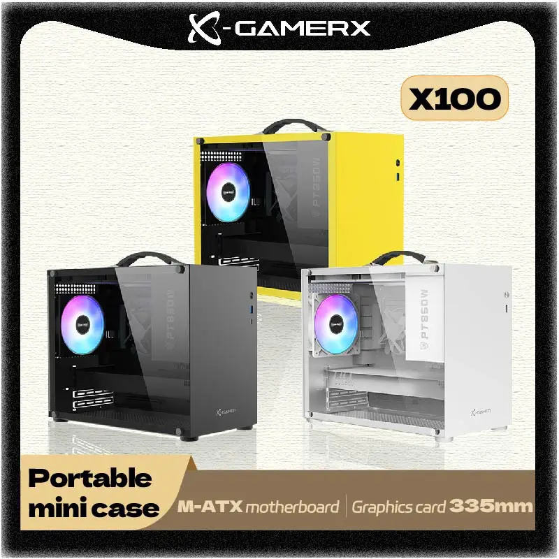 

Power train X-GAMER X100 PC case M-ATX portable handheld case supports U3 type-C handle side-transparent desktop mini case