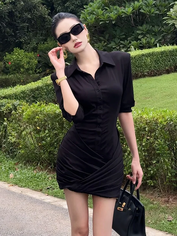 

Syxatn N13 Long Sleeve Collar Shirt Dress Women's Early Autumn Design Waist Cinched Pleated Bodycon Skirt French Style