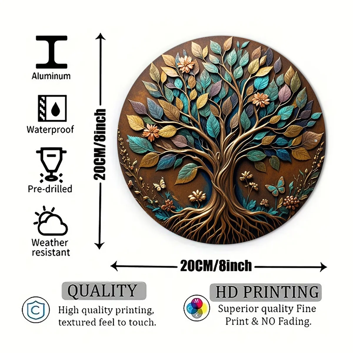 2D Flat, 2D Flat Design, 2D Flat Single Piece, Lush Tree of Life Vintage Aluminum Wall Art 8x8 Inches, 20x20cm — Unique Gift Ide
