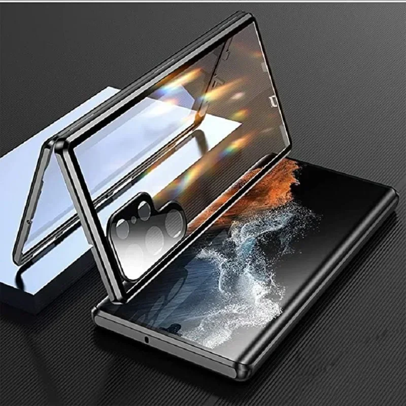

Magnetic Double Sided Screen Glass Phone Case For Galaxy S25 S24 Ultra S23 Plus Anti-fall Cover Metal Bumper Screen Lens Protect