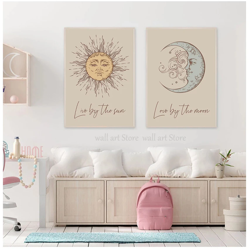 Boho Sun Moon Poster Mystical Celestial Canvas Painting Quote Beige Art Print Abstract Wall Picture Nursery Living Room Decor