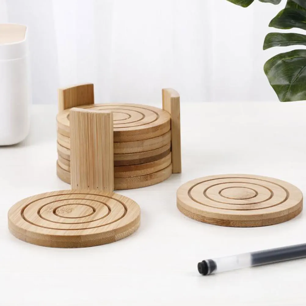 

7Pcs Bamboo Cup Coasters Set Heat-Resistant Table Mats with Storage Rack Multifunctional Drink Protectors Household Cup