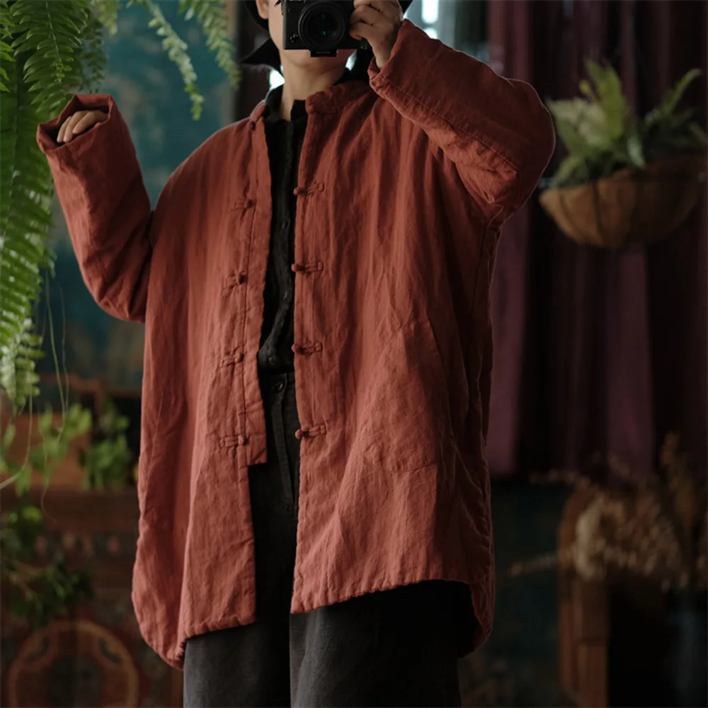 Women's Quilted Lightweight Jacket Loose Retro Casual Outerwear Ramie Frog Button Padded Chinese Style Tang Suit Autumn winter