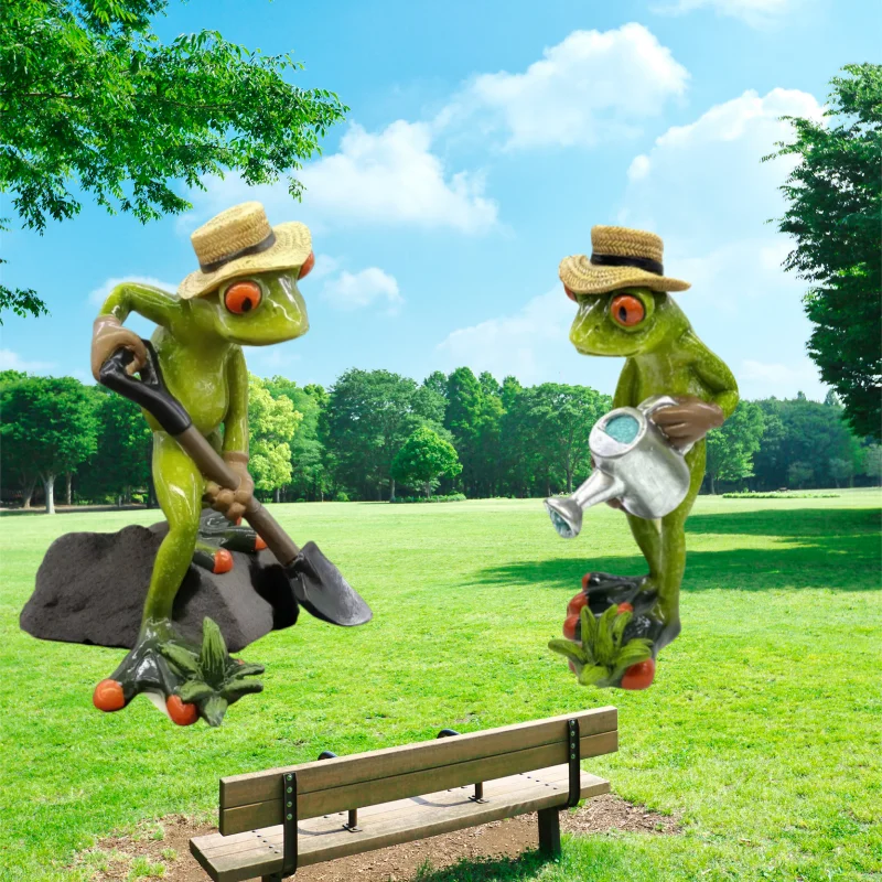Funny Shovel Frog Sculpture Garden Potted Plant Decoration Accessories Resin Animal Figurines Cute Frog Statue Home Decoration