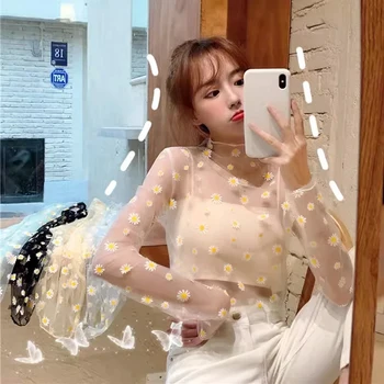 여성용 메쉬 시스루 탑, 섹시한 투명 탑, 얇은 긴 소매 레이스 블라우스 티셔츠, 자외선 차단 의류, 여름 2024