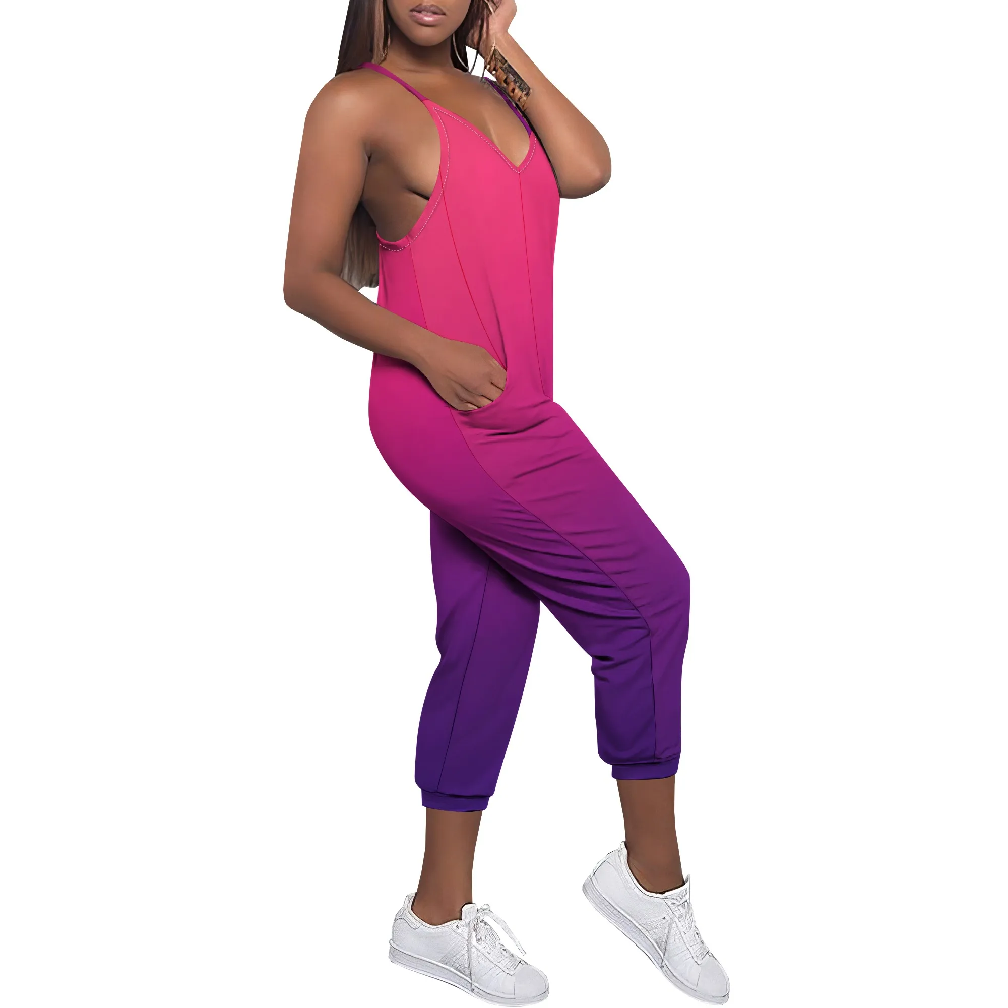 Tuta da donna sexy con scollo a V senza maniche con retro scollato Pantaloni lunghi stampati sfumati con tasche Pagliaccetti casual