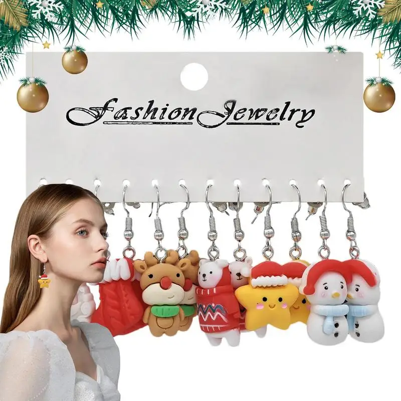 Christmas Earrings For Women Bulk 6 Pairs Resin Christmas Dangle Earrings Set Cute Christmas Combination Earrings Teen Girls