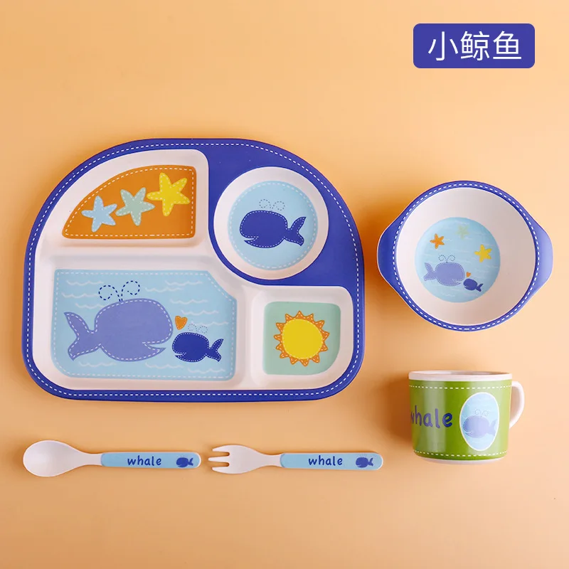 Picture 3: 5pcs Creative Bamboo Fiber Children Tableware Set Cartoon Grid Dinner Plate Rice Bowl with Cup Fork Spoons for Home Kindergarten
