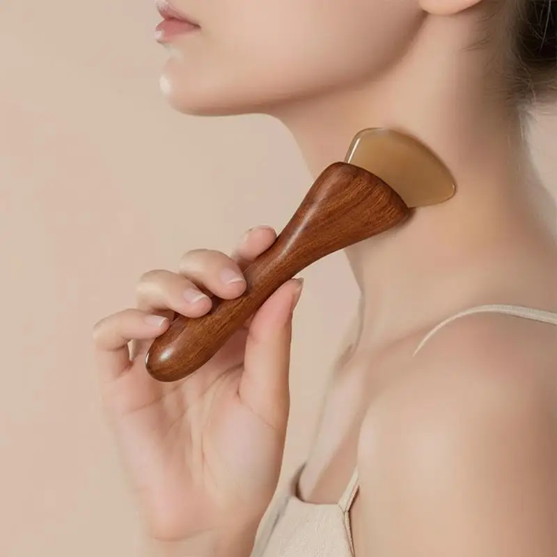 Natural Sheep Horn Gua Sha Tool With Non Slip Wooden Handle Skin Friendly For Facial Massage Home Use
