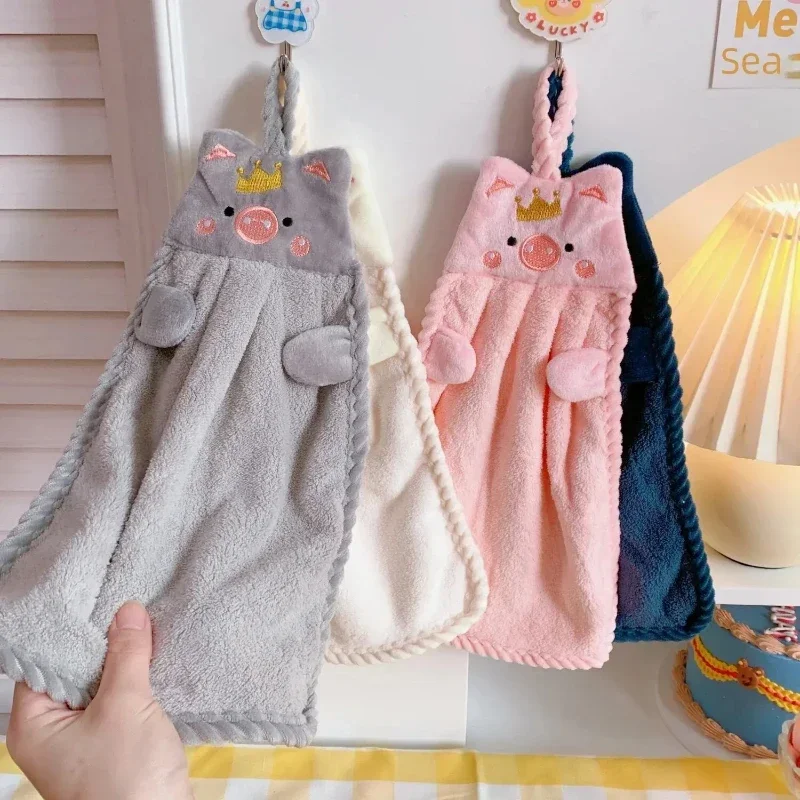 Cute Pig Hand Towel Household Coral Velvet Terry Towels For Bathroom Kitchen Soft Hanging Loops Quick Dry Absorbent Cloths Towel