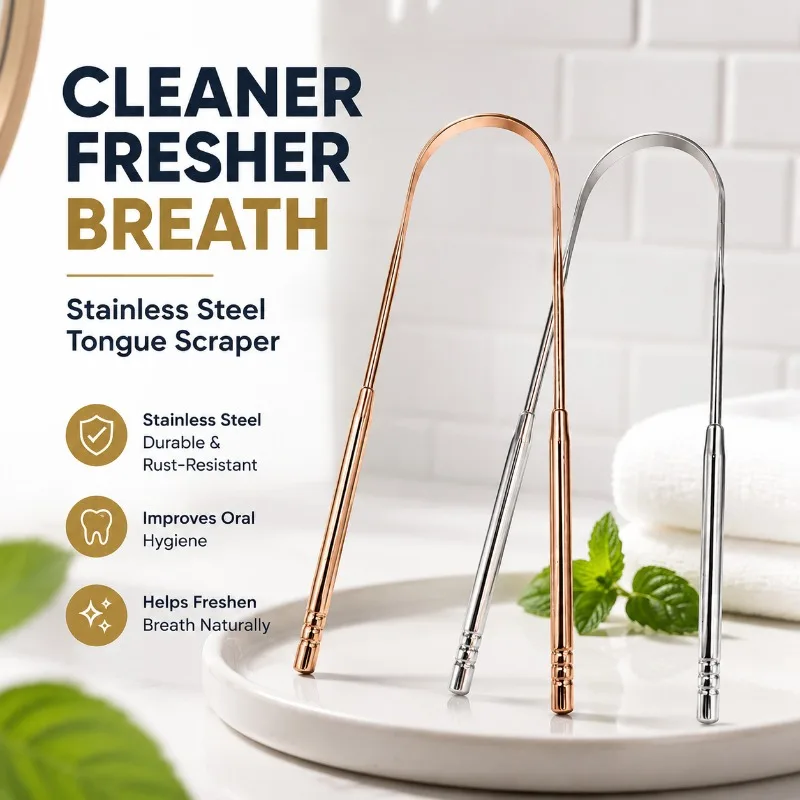 Rose Gold U-shaped Stainless Steel Tongue Scraper Oral Cleaning Tool Reusable Tongue Coating Remover Brush Effective Mouth Care