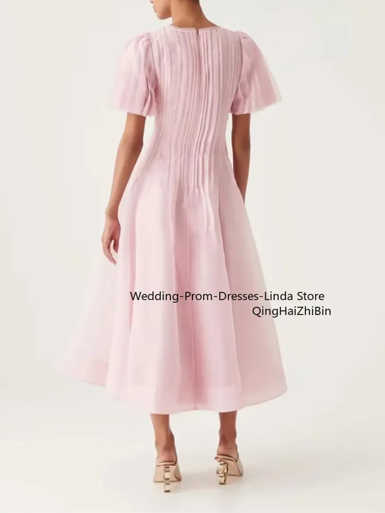 Pink O-Neck A-line Tea-Length Organza Form Evening Dresses for Women Prom Gowns Birthday Party Dress 2024 Customized