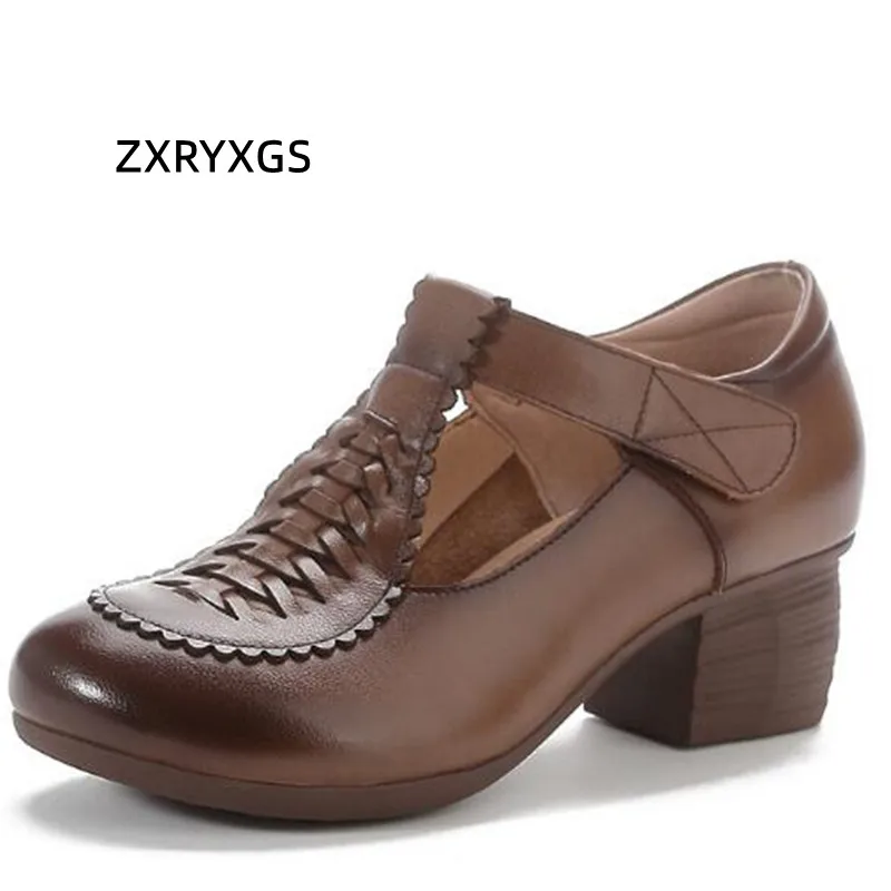 ZXRYXGS Popular New 2024 Spring Summer Hollow Genuine Leather Shoes Women\'s Roman Sandal Round Toe Versatile Thick Mid Heel Shoe