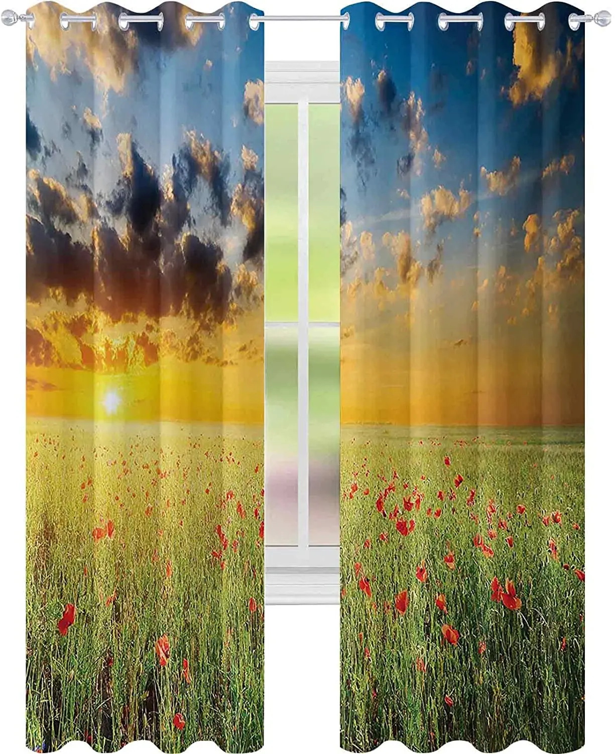 Meadow and Poppies At Sunset Horizon Blackout Curtains 3D Print Window Curtains for Bedroom Living Room Decor Window Treatments