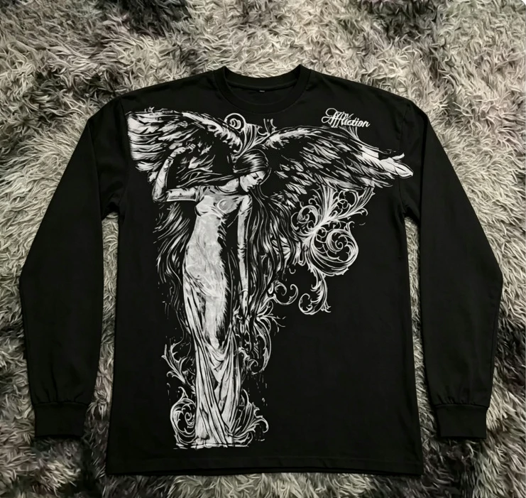 Gothic wing pattern long sleeved T-shirt polyester fiber round neck loose T-shirt street wear casual top unisex - view 2