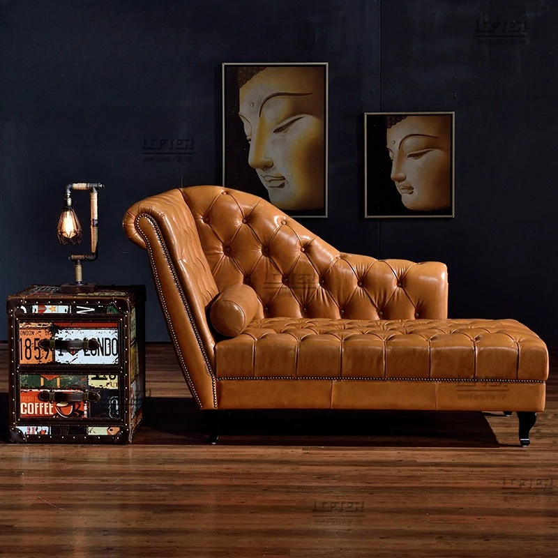 

American retro concubine chair leather art buckle sofa European living room