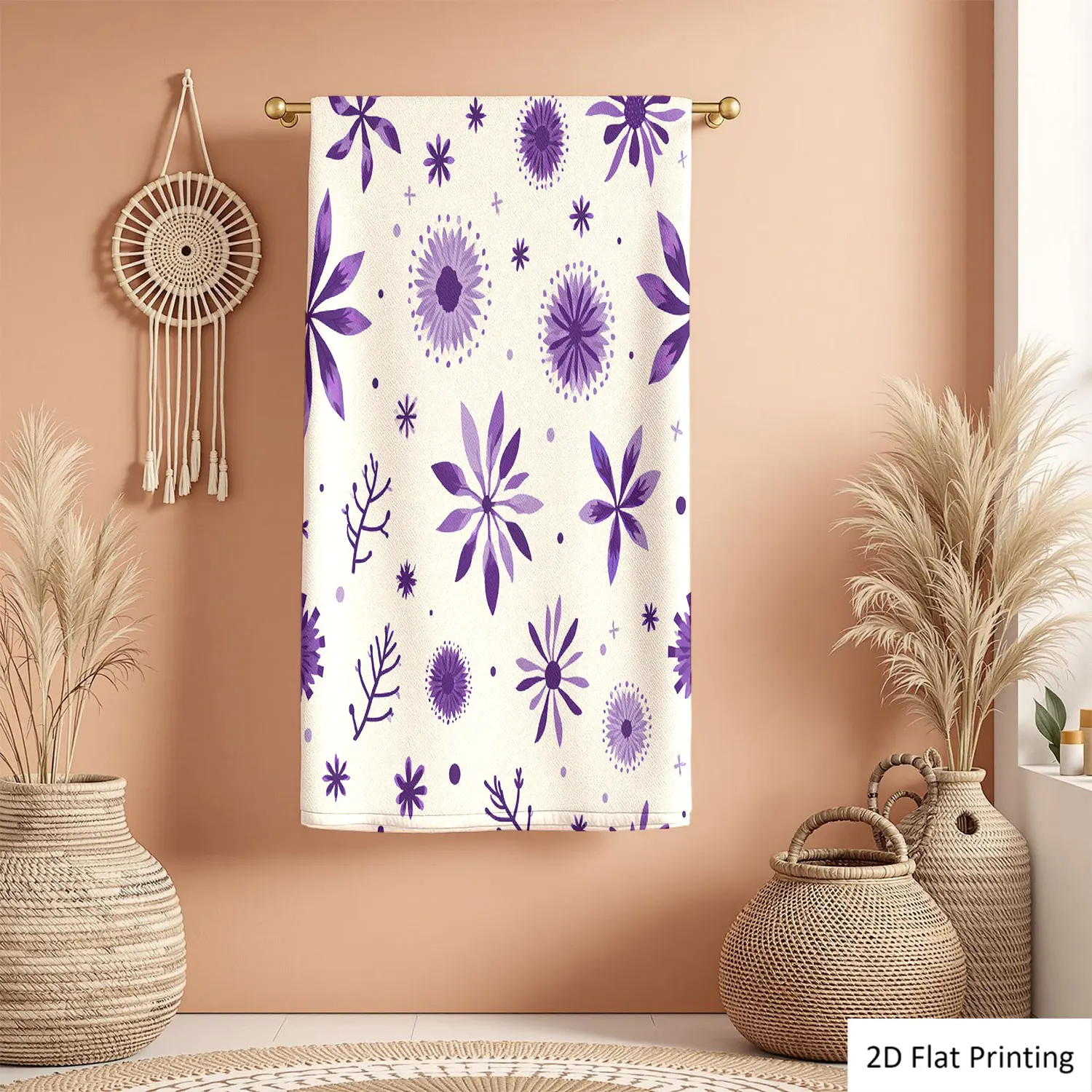 

1Pc Purple Flowers Pattern In Geometric Style Bathroom Hand Towel Bath Towel, Multiple Size Microfiber Polyester Towel, Unique Home Decorative Kitchen Towels, Festival Bathroom Accessories Decor, Quick Dry and Absorbent