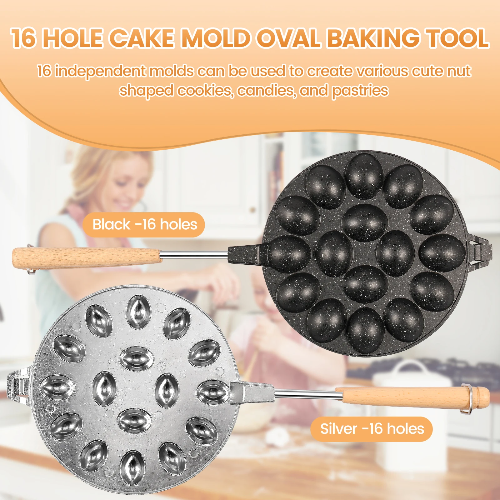 Walnut Cookie Mold with Wood Handle 16 Holes Walnut Cookie Maker Nonstick Oreshki Mold Maker Efficient Walnut Mold Pastry Nut