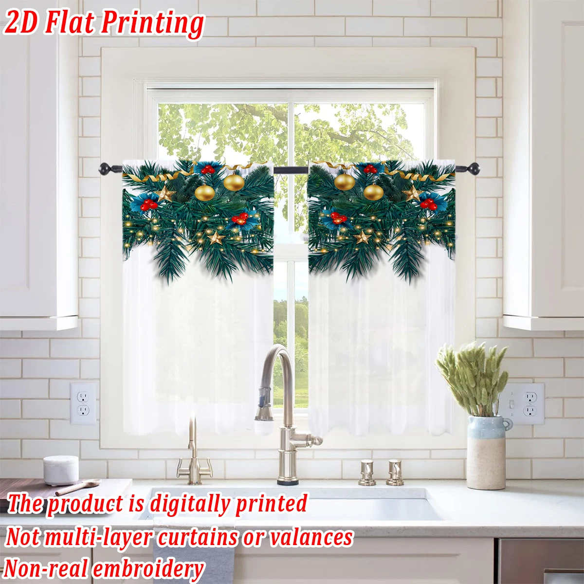 Christmas Flat Printing Kitchen Sheer Curtain with Merry Christmas Ball Mistletoe Pine Branch For Christmas Home Decor  Party