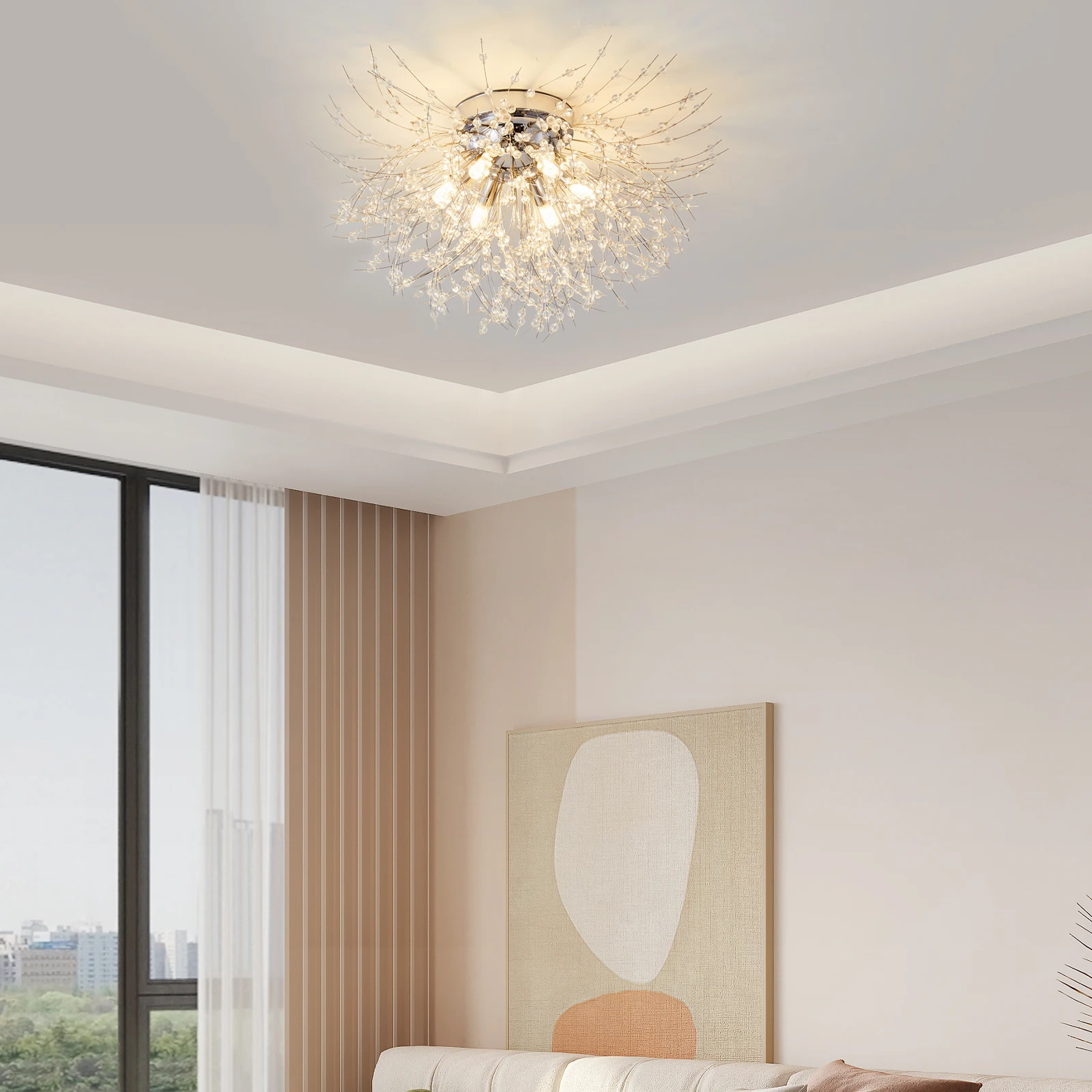 Modern Crystal Flush Mount Ceiling Light, Sputnik Firework Close to Ceiling Lamp, LED Ceiling Light Fixtures