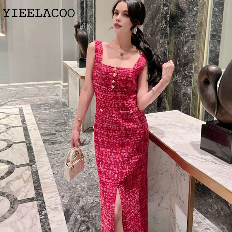 

Tweed dress Rose Red spring / autumn women's dress tassel ladies slim bottoming dress one-piece