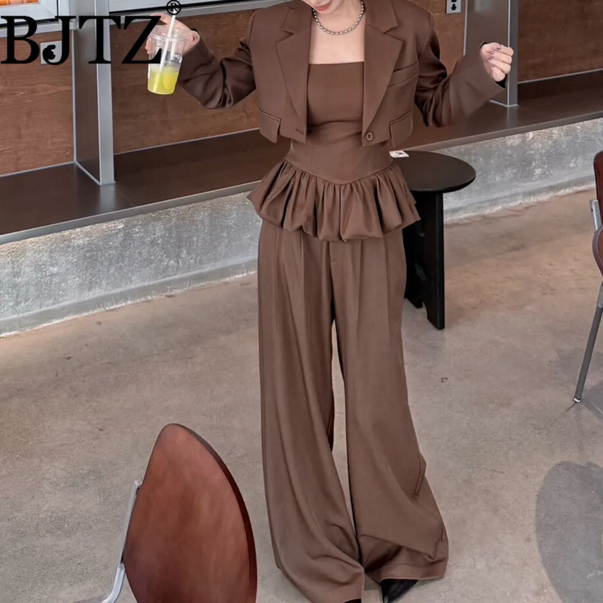 

BJTZ 2025 Women's New 3-Piece Pants Suit Set Solid Color Cropped Blazer Ruffle Vest Wide Leg Trousers Retro Chic Autumn Office