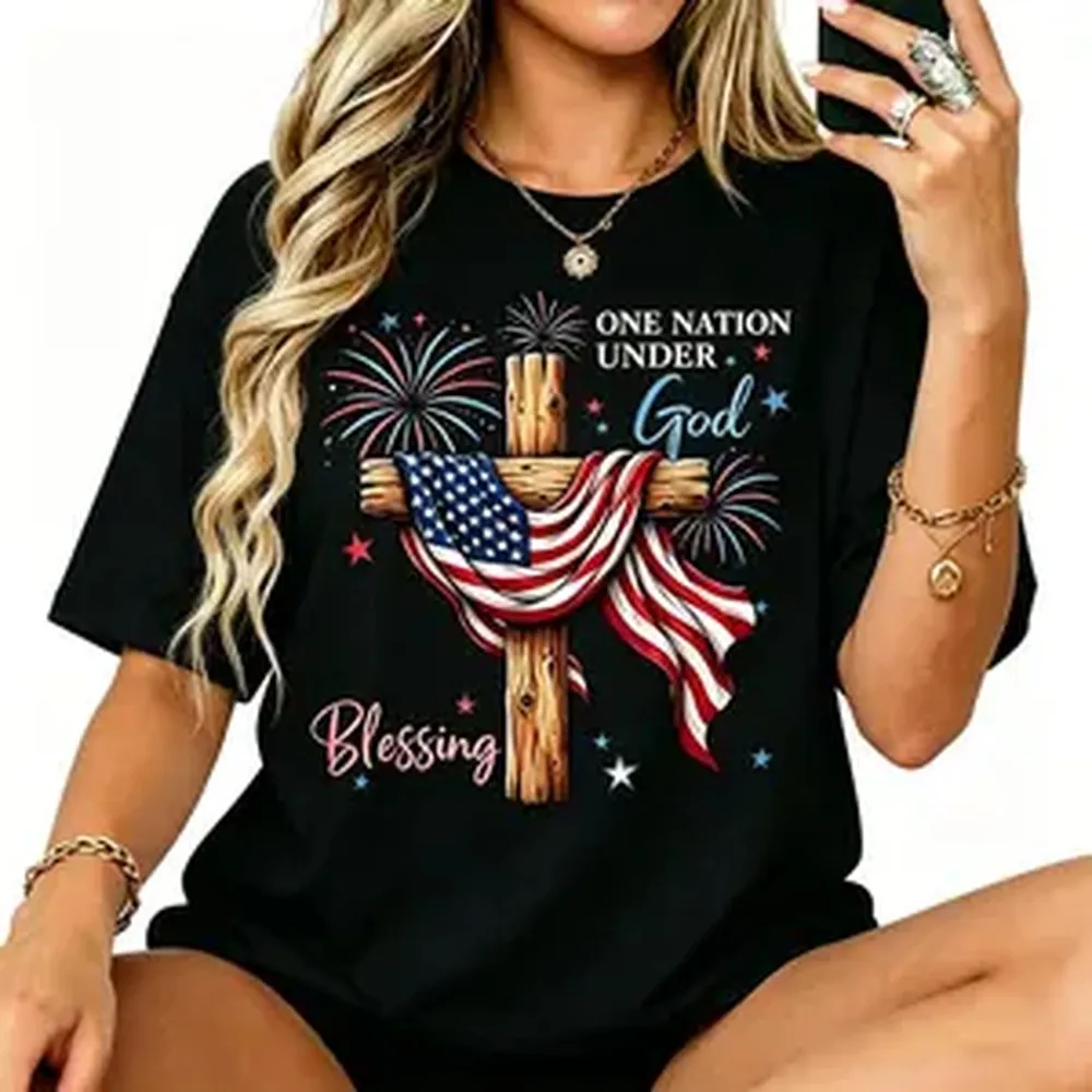 American Flag One Nation Under God Blessing Women Men Tee | 4th Of July Firework USA Patriotic T-Shirt