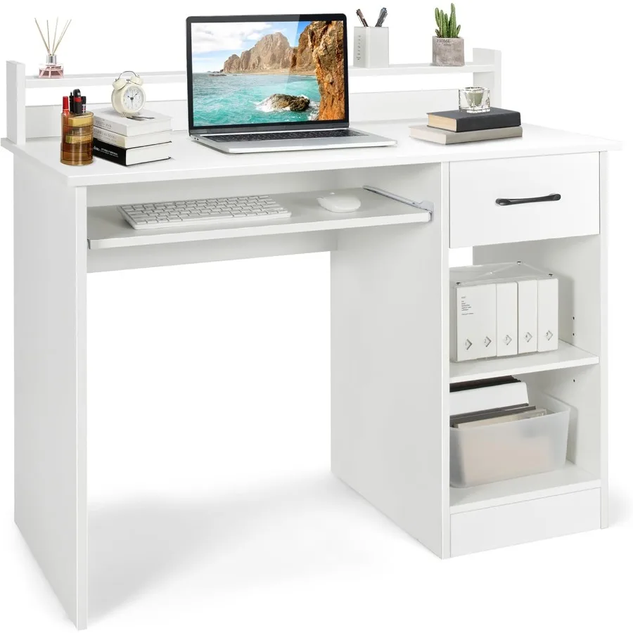 

22 Inch Wide Modern Study Writing Desk with Drawer and Keyboard Tray Desktop Hutch and Storage Shelves for Home Office Use Idea