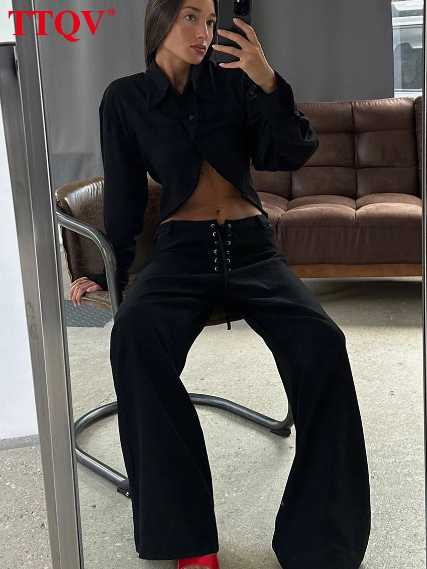 

TTQV Fashion Loose White Linen Women's Two Pieces Set 2024 Elegant Long Sleeve Shirt With Mid Waist Wide Pants Set Streetwear