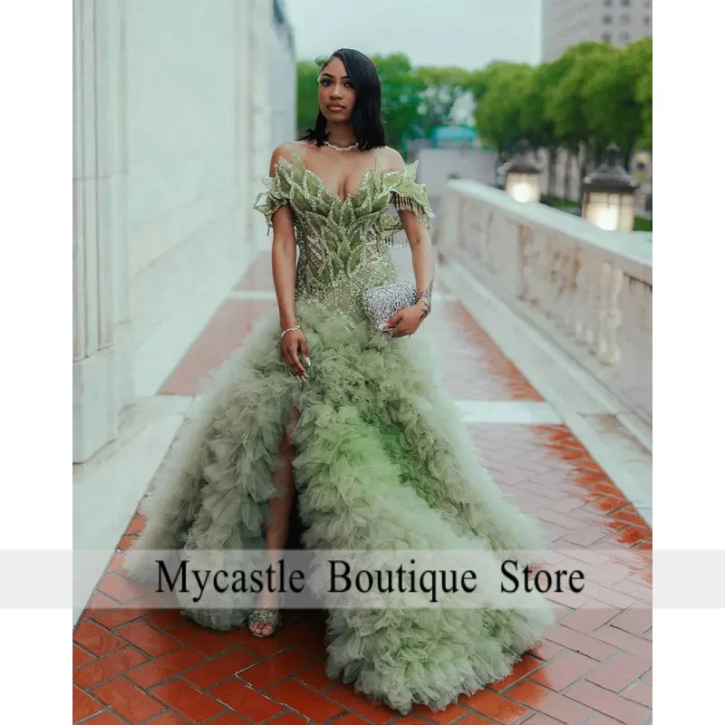

African Green Off Shoulder Prom 2026 Dresses with Slit Customized Tiered Ruffles Plus Size Evening Party Gowns for Black Girils