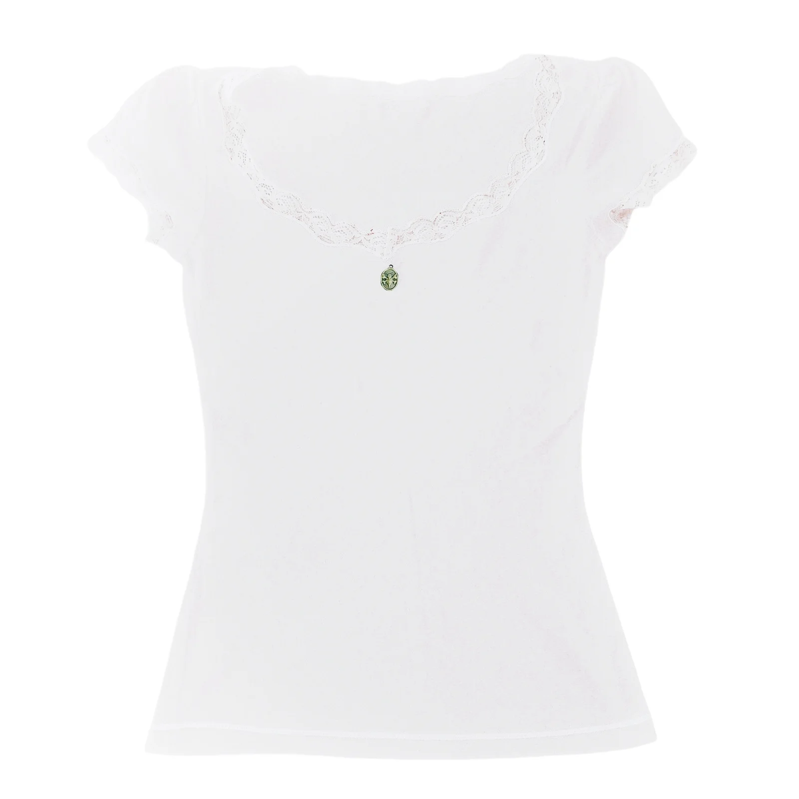 Women\'s Summer Solid Color Tops Short Sleeve Sweet Elegant Lace Trim Round Neck Slim Fit Daily T-Shirt