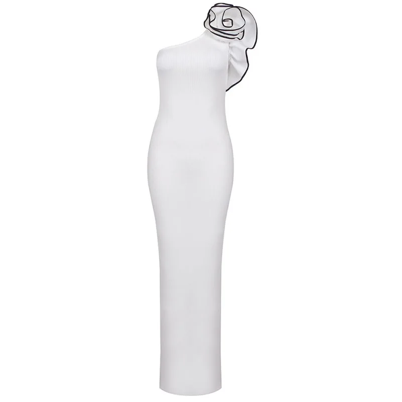 

Elegant Sexy One-Shoulder Bandage Dresses Flower Appliques Women White Dress
