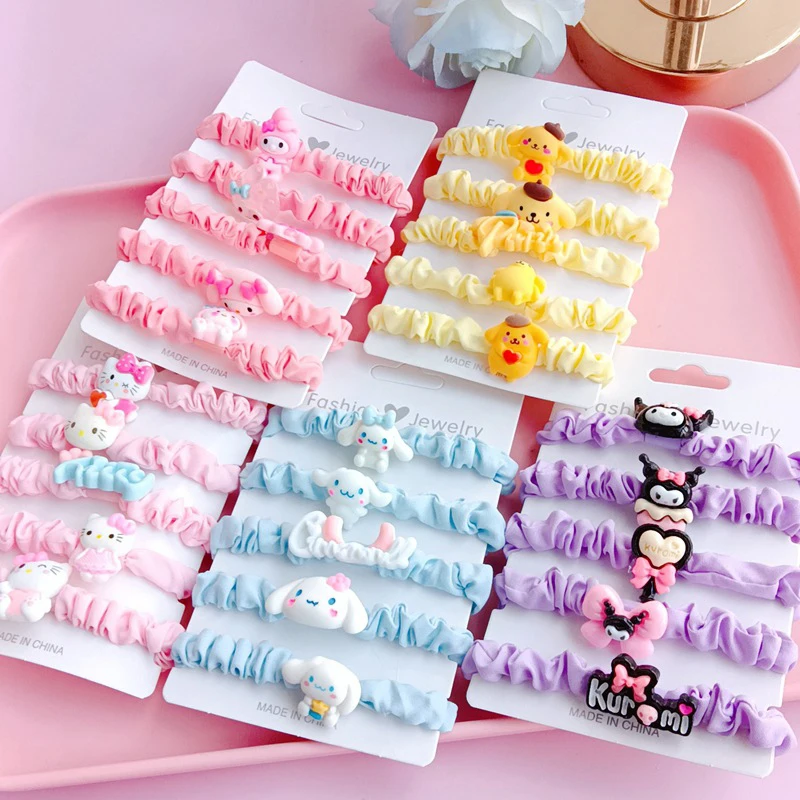 Sanrio Anime Corda De Cabelo Para Meninas, Laços De Cabelo, Enfeites De Anel, Kawaii, Hello Kitty, Minha Melody, Kuromi, Acessórios De Desenhos Animados, Presente, 5Pcs