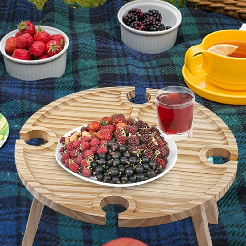 طاولة نزهة خشبية قابلة للطي للاستخدام الخارجي محمولة 2 في 1 رف زجاجي للنبيذ، رف زجاجي للنبيذ قابل للطي للمكتب، صينية نزهة - ROWI