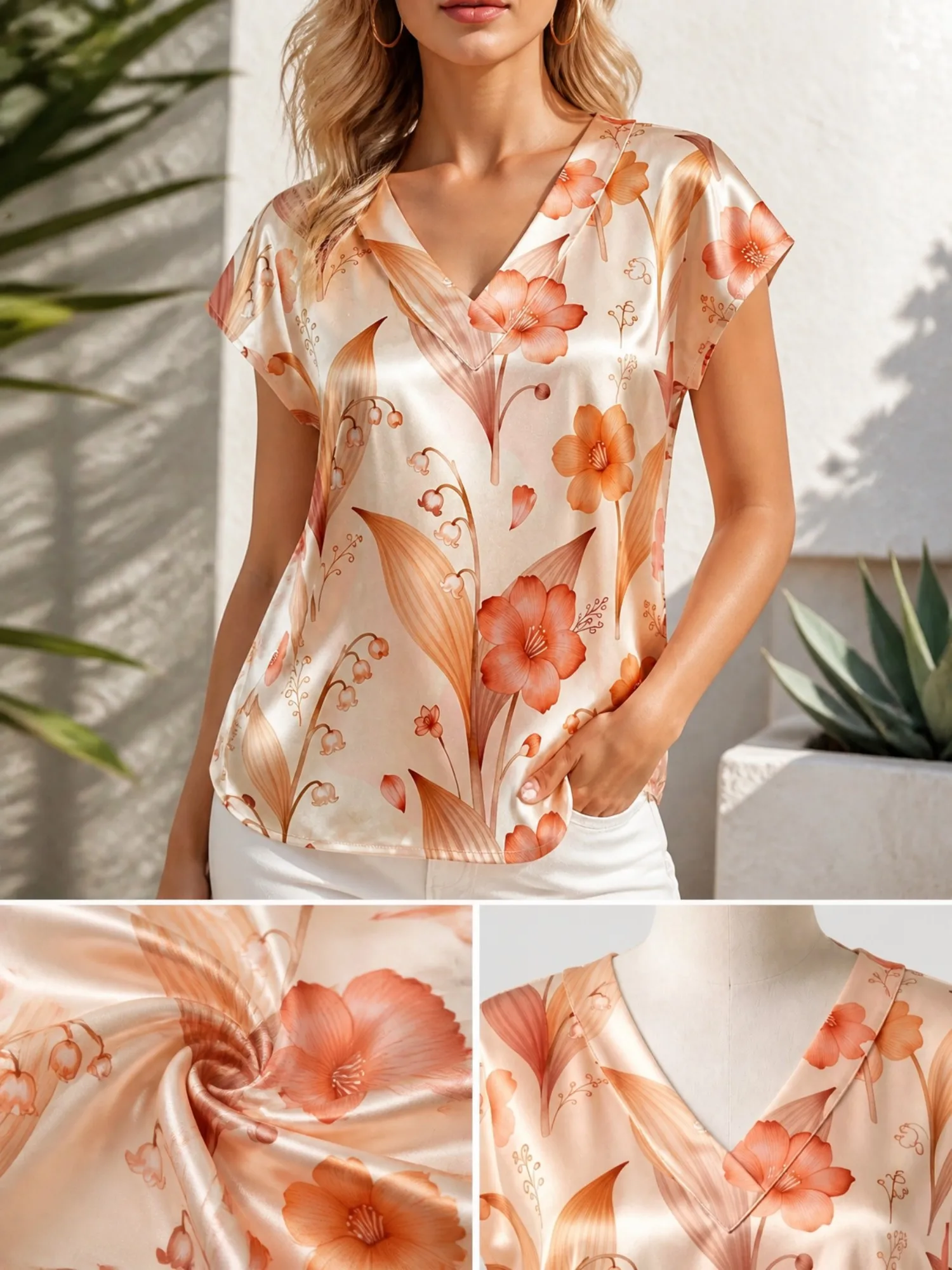 Floral Satin V Neck Top for Women Cap Sleeve Pullover Draped Fit Silky Travel Cafe Leisure Wear Lightweight Breathable Versatile