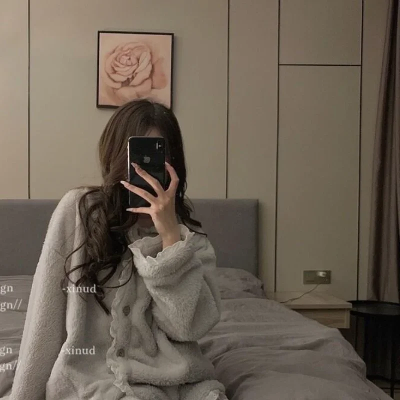 여성용 따뜻한 겨울 파자마 세트, 패셔너블한 홈웨어, 귀엽고 부드러운 벨벳 파자마 세트