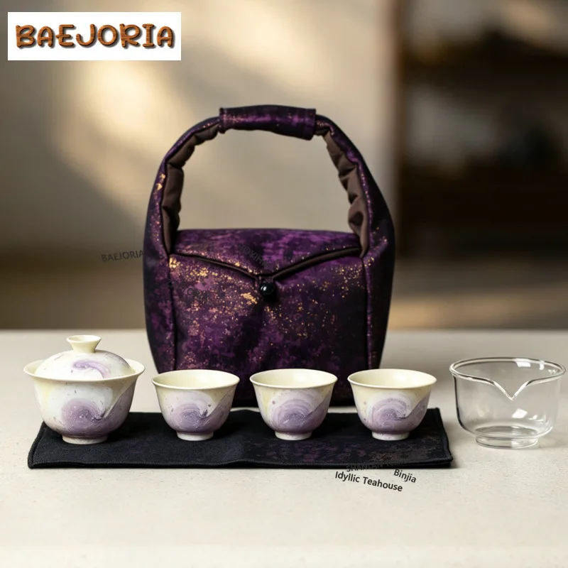 BAEJORIA Hand-painted Oil Painting Style Purple Starry Sky Tea Set Complete Set Zen Tea Ceremony Set Teapot And Tea Cup Set Gift