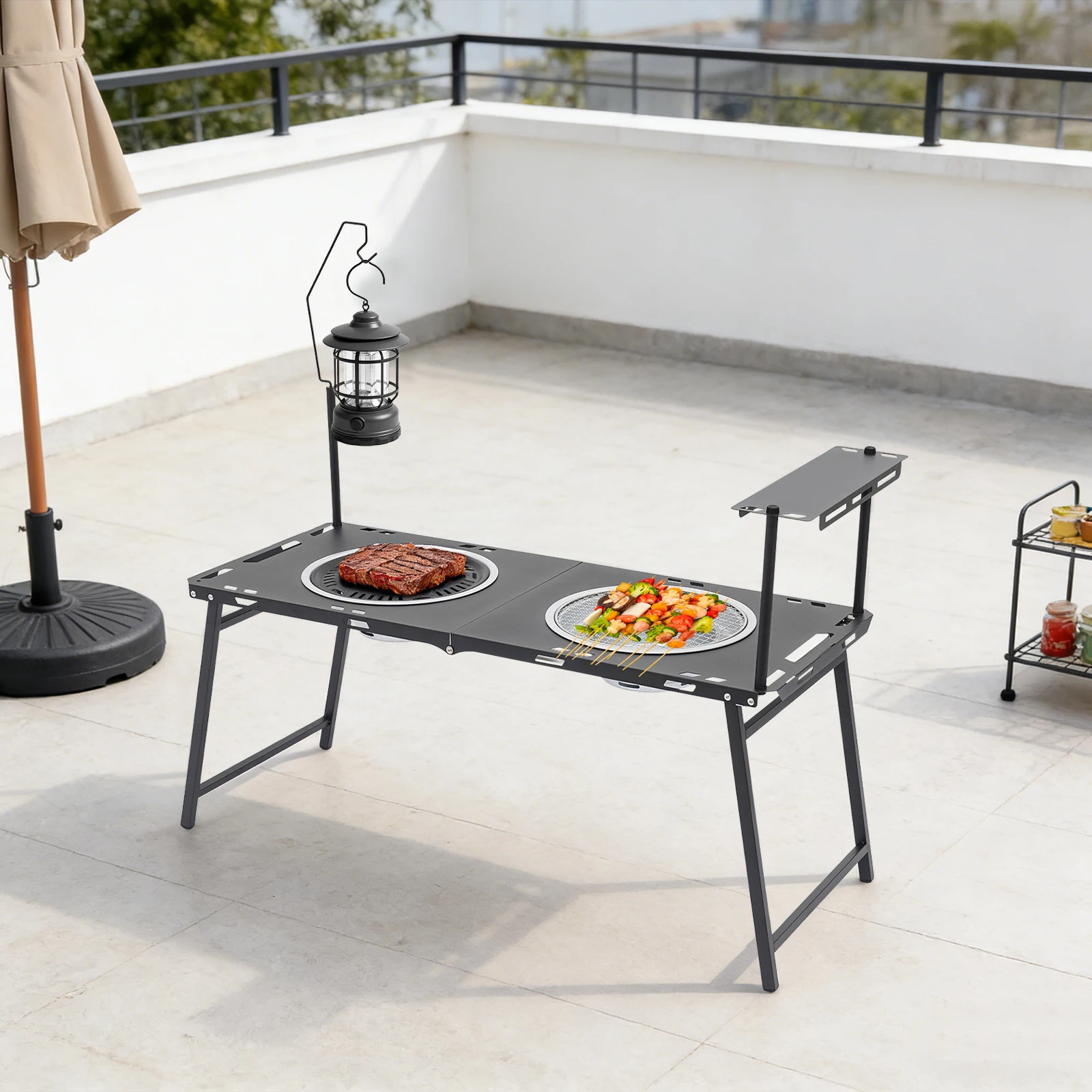

Folding Camping BBQ Table, Portable Grill Table with Side Shelf & Dual Frying Pan for Outdoor Picnic Party