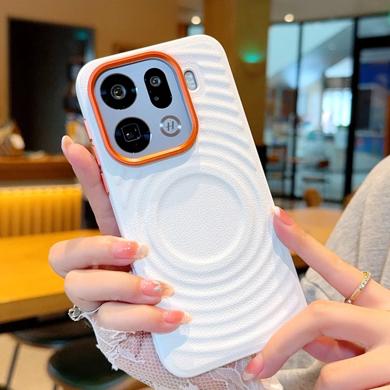 For OPPO Find X9 Pro Case Magnetic Luxury Leather Water Ripple Pattern Wireless Charging Shockproof Bumper Hard Back Cover