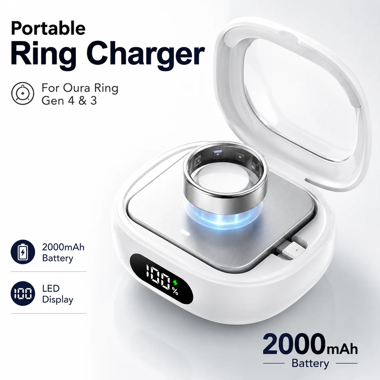 

Portable Charging Case For Oura Ring Gen 4 & 3 2000mAh Travel Power Bank Type-C Charger Box