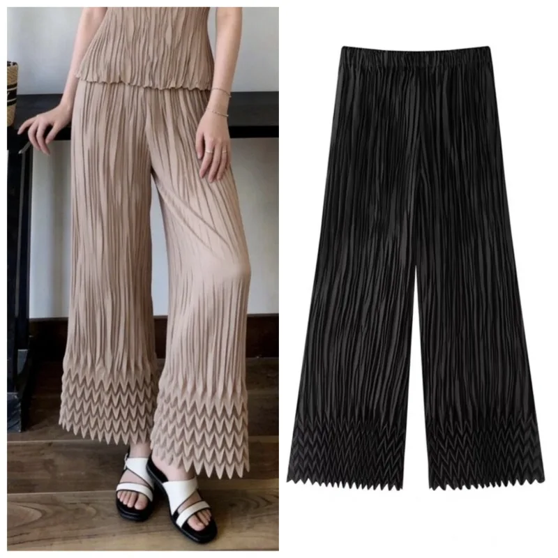 Miyake Pleated Pants Women 2026 Summer New Simple Solid Color Wave Pattern Trousers Elegant Versatile Slim Casual Straight Pants