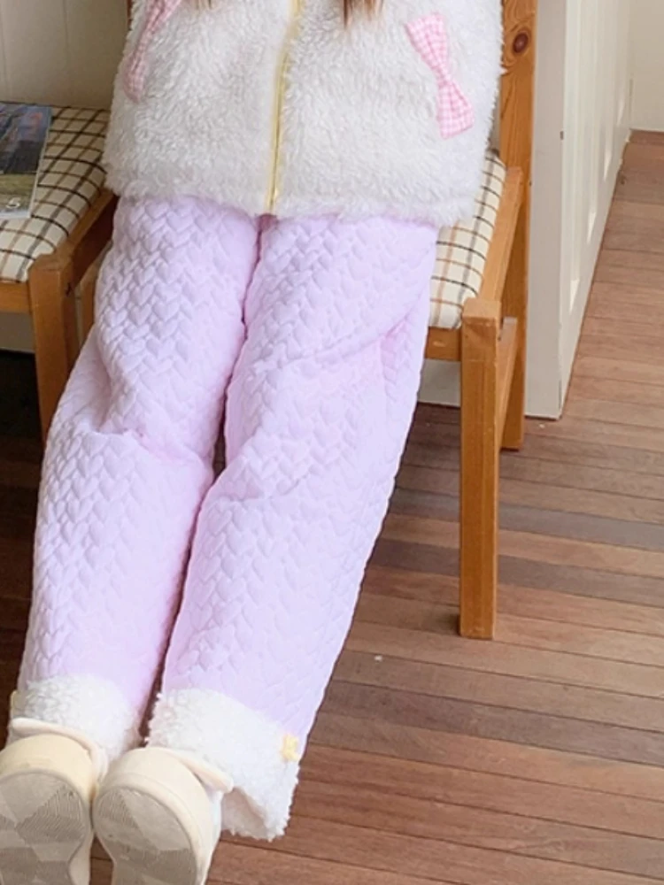 2025 Winter New Fashion Loose Versatile Pink Solid Color Trousers Comfortable Elastic Waist Sweet Girl Age-reducing Warm Pants