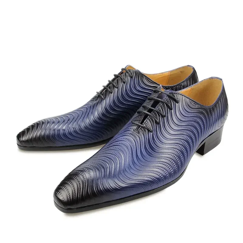 Men Shoes Luxury Oxford Shoe Genuine Leather Handmade Black Blue Prints Lace Up Pointed Toe Wedding Office Formal Dress Men Shoe