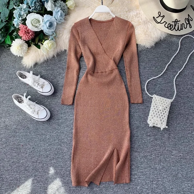 YuooMuoo 2024 Autumn Winter Women Knitted Dress Luxury V-neck Slim Waist Shining Bodycon Dress Office Lady Sweater Vestidos