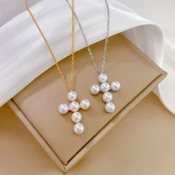 Classic personality romantic white pearl cross necklace exquisite Christian stainless steel clavicle chain pendant