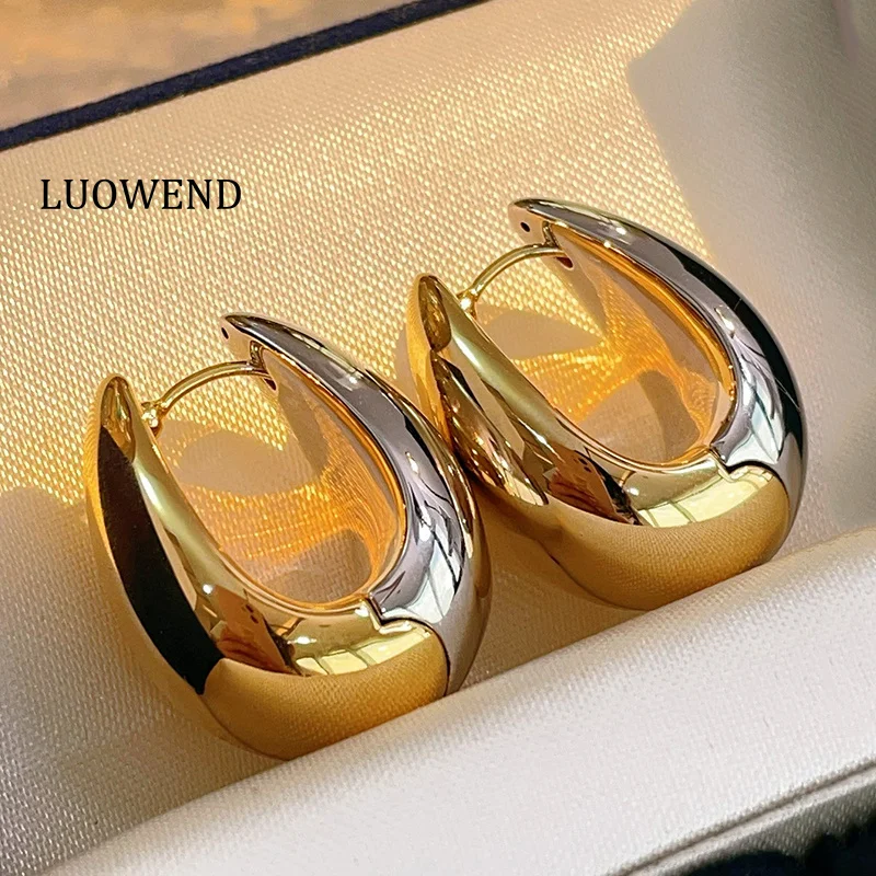 LUOWEND 100% 18K White+Yellow Gold Earrings Fashion Water Drop Shape Exquisite Hoop Earrings for Women Luxury Wedding Jewelry