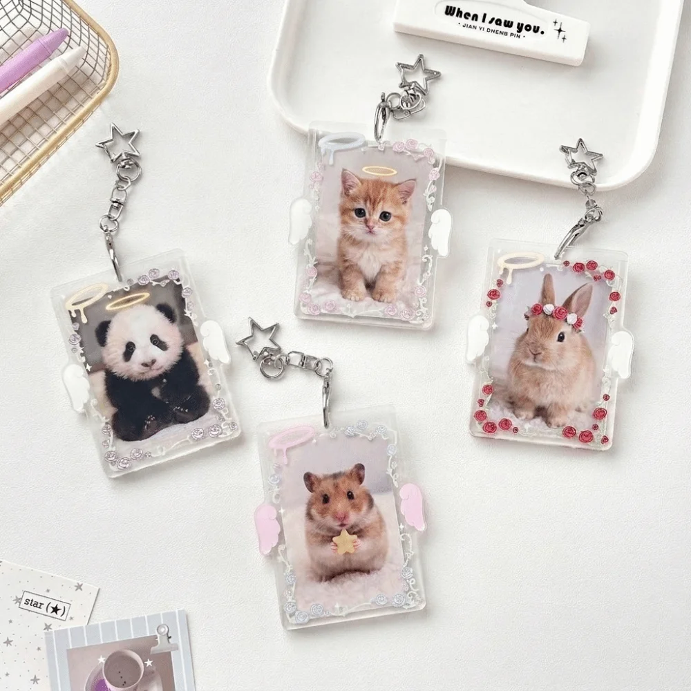 Rose Pattern Acrylic Card Holder Angel Wings Star Clip Photocard Organizer Double Sided Display Clear Acrylic Keychain Charm