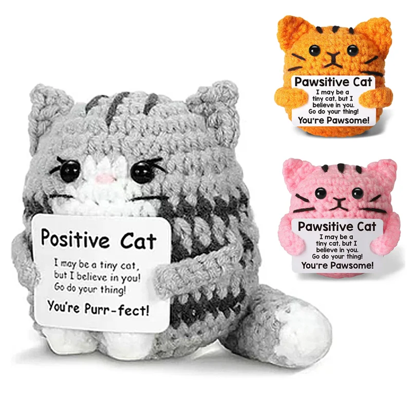 Funny Crochet Positive Energy Cat Doll Handmade Knitted Flower Bee Ornament Christmas Gifts with Card Home Room Decoration