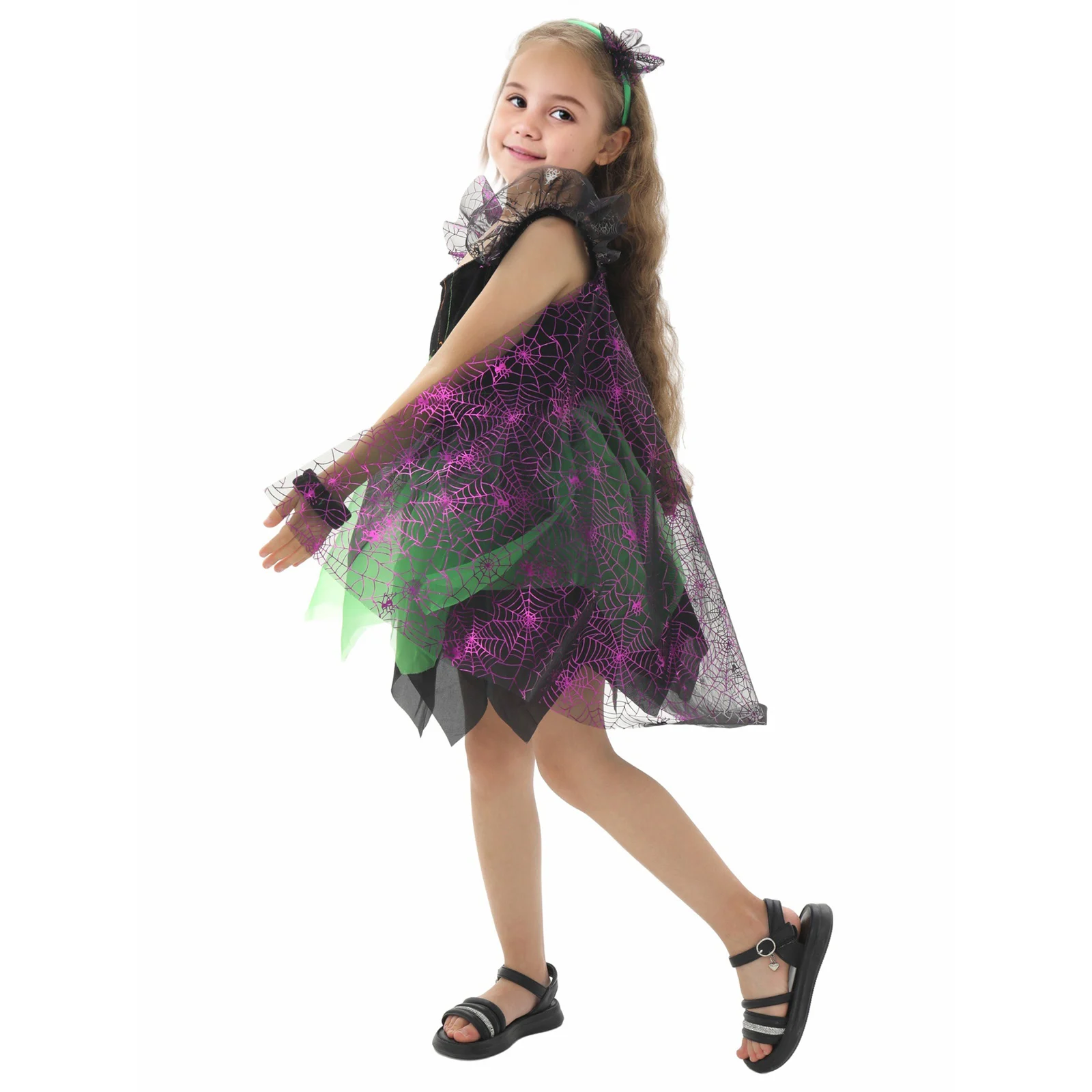فستان فتاة الهالوين الساحرة بأكمام طائرة وطباعة شبكة العنكبوت من التول مع عصابة رأس ملابس تنكرية