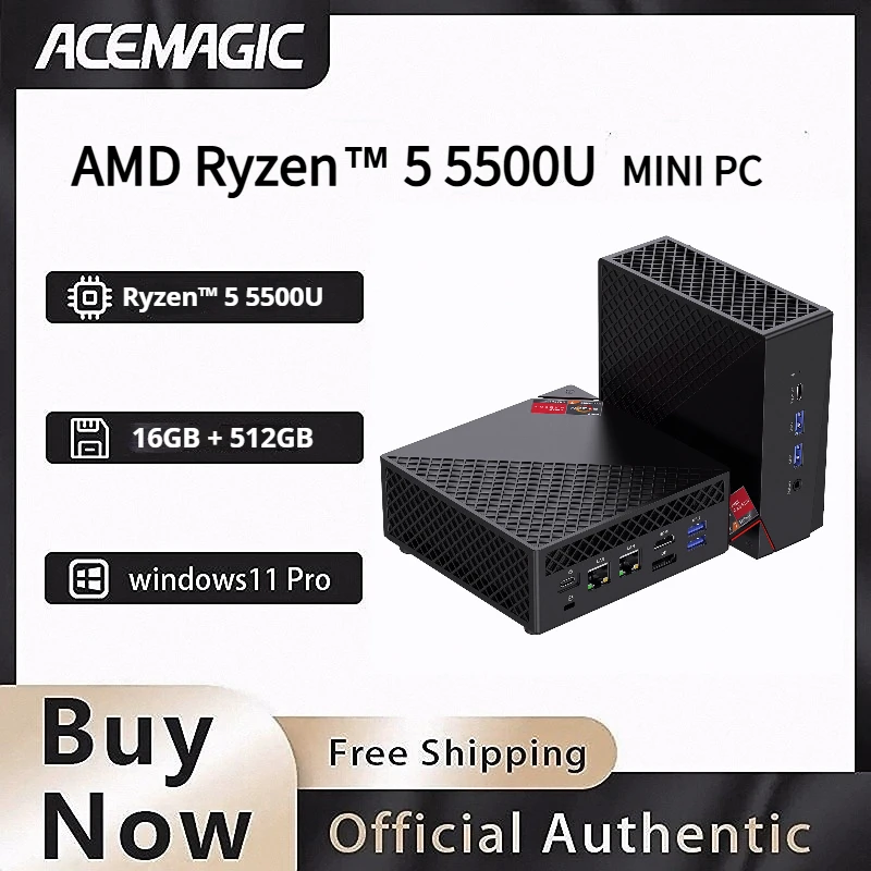 ACEMAGIC Mini PC Ryzen 5 5500U 16GB DDR4 512GB SSD Mini Komputer Stacjonarny Turbo Boost do 4.0GHz M.2 WiFi 6+BT5.2 Do Biura i Pracy